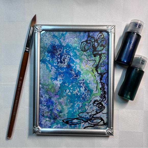 Original Abstract Framed Acrylic Ornate Line Art Painting, 5x7 - Picture 12 of 12